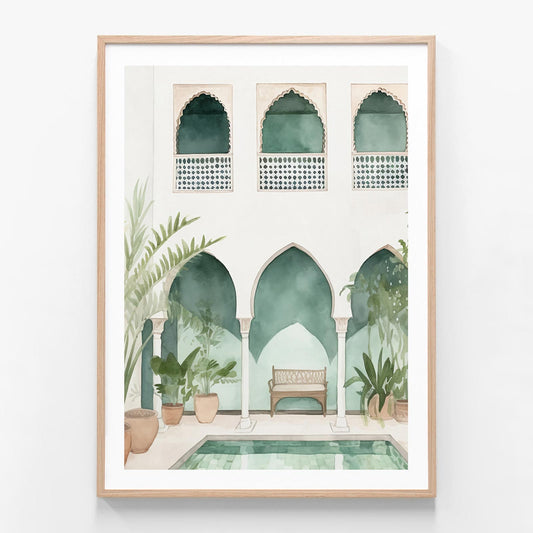 Riad Courtyard oak framed print