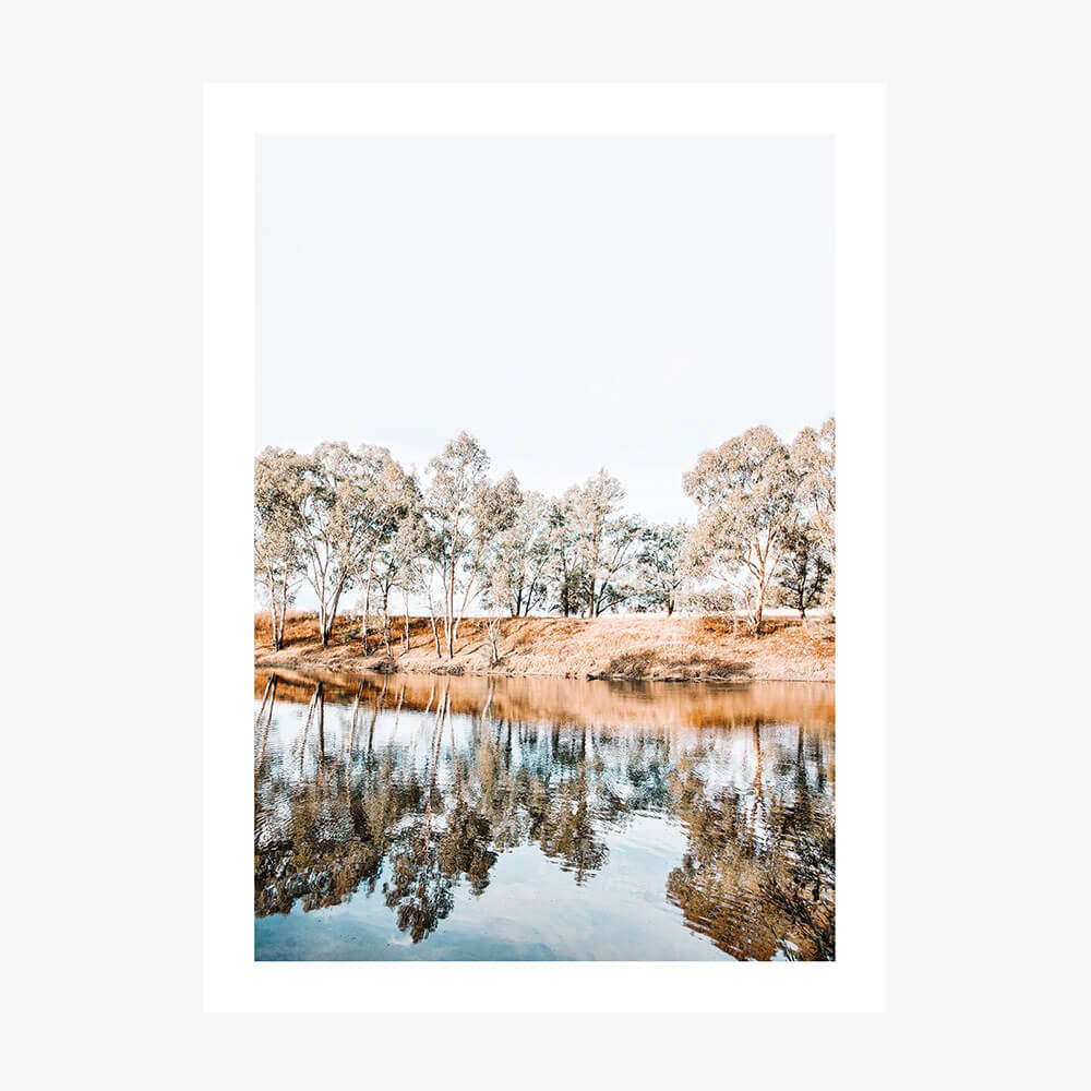A photo print depicting a calm Australian landscape of a river with gum trees on the banks, reflecting in the water.