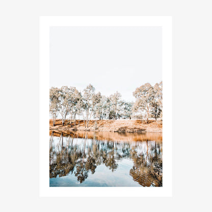 A photo print depicting a calm Australian landscape of a river with gum trees on the banks, reflecting in the water.