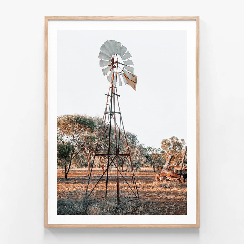 Framed art print of a rural Australian farming landscape with an old windmill.