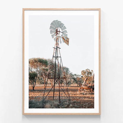 Framed art print of a rural Australian farming landscape with an old windmill.