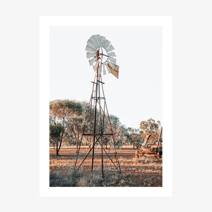 Poster print of an Australian farming landscape with an old windmill in a rural property.
