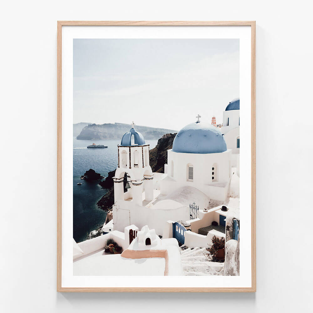 Santorini Church wall art print in oak frame