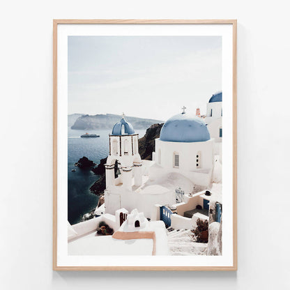 Santorini Church wall art print in oak frame