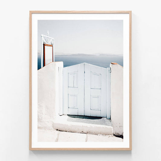Santorini Gate wall art print in oak frame