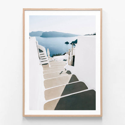 Santorini Stairs wall art print in oak frame