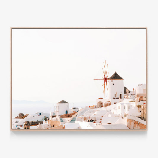 Santorini Windmill Canvas wall art with oak float frame