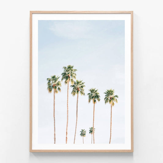 A framed photo print of seven palm trees against a blue sky.