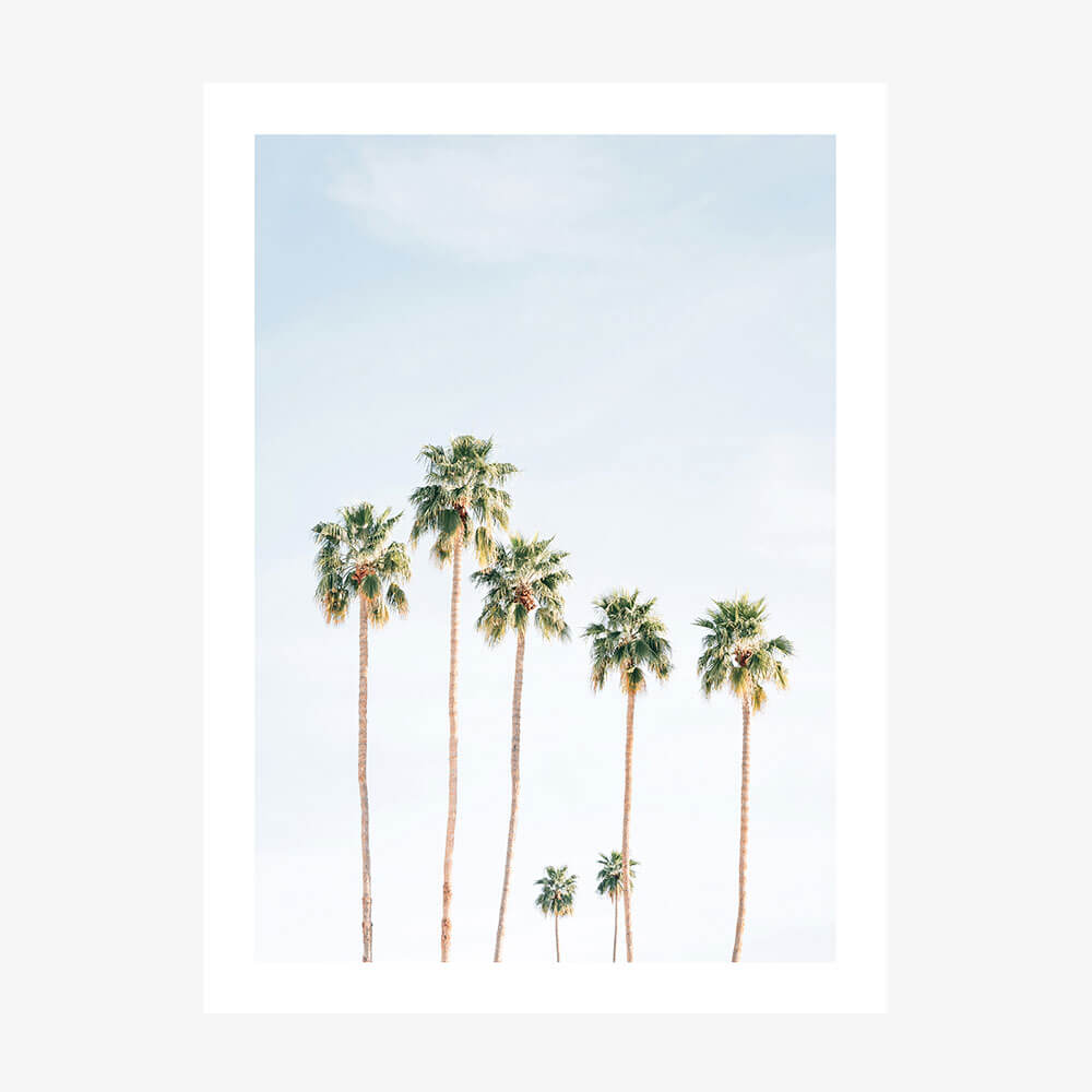 A photo art print of seven palm trees against a blue sky.