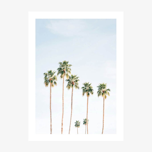 A photo art print of seven palm trees against a blue sky.