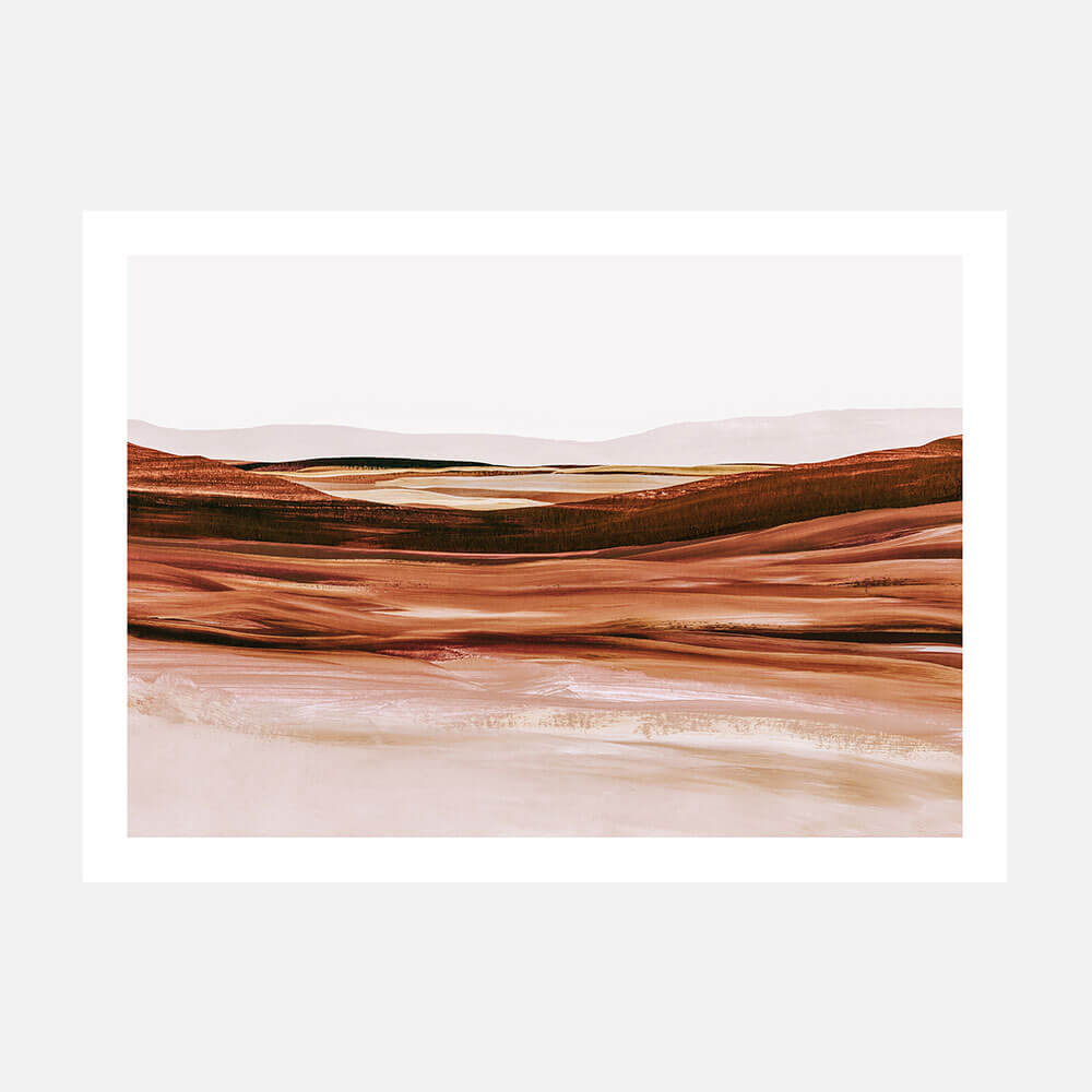 An abstract landscape painting in tones of sienna and pink.