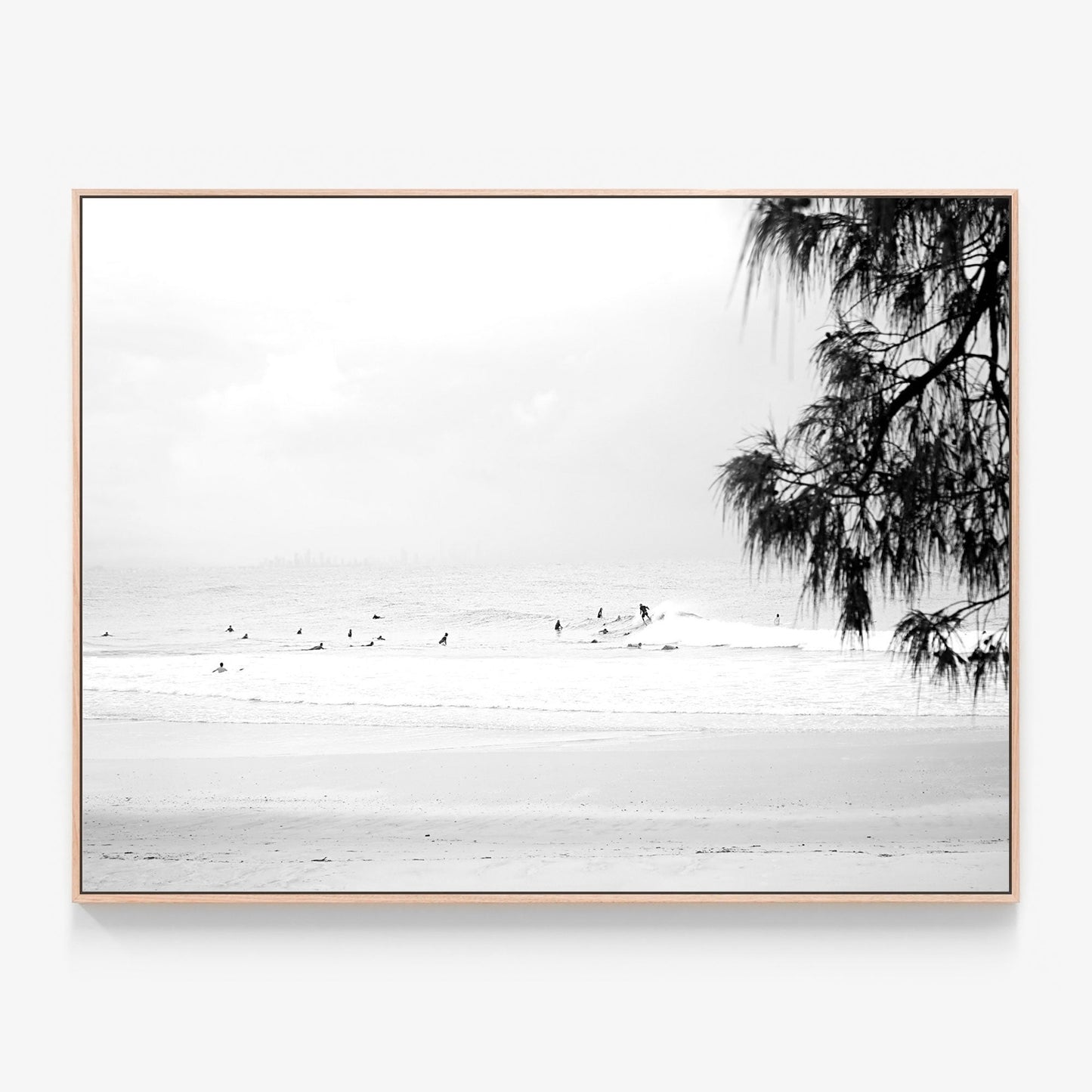 Snapper Rocks B&W Canvas wall art with oak float frame