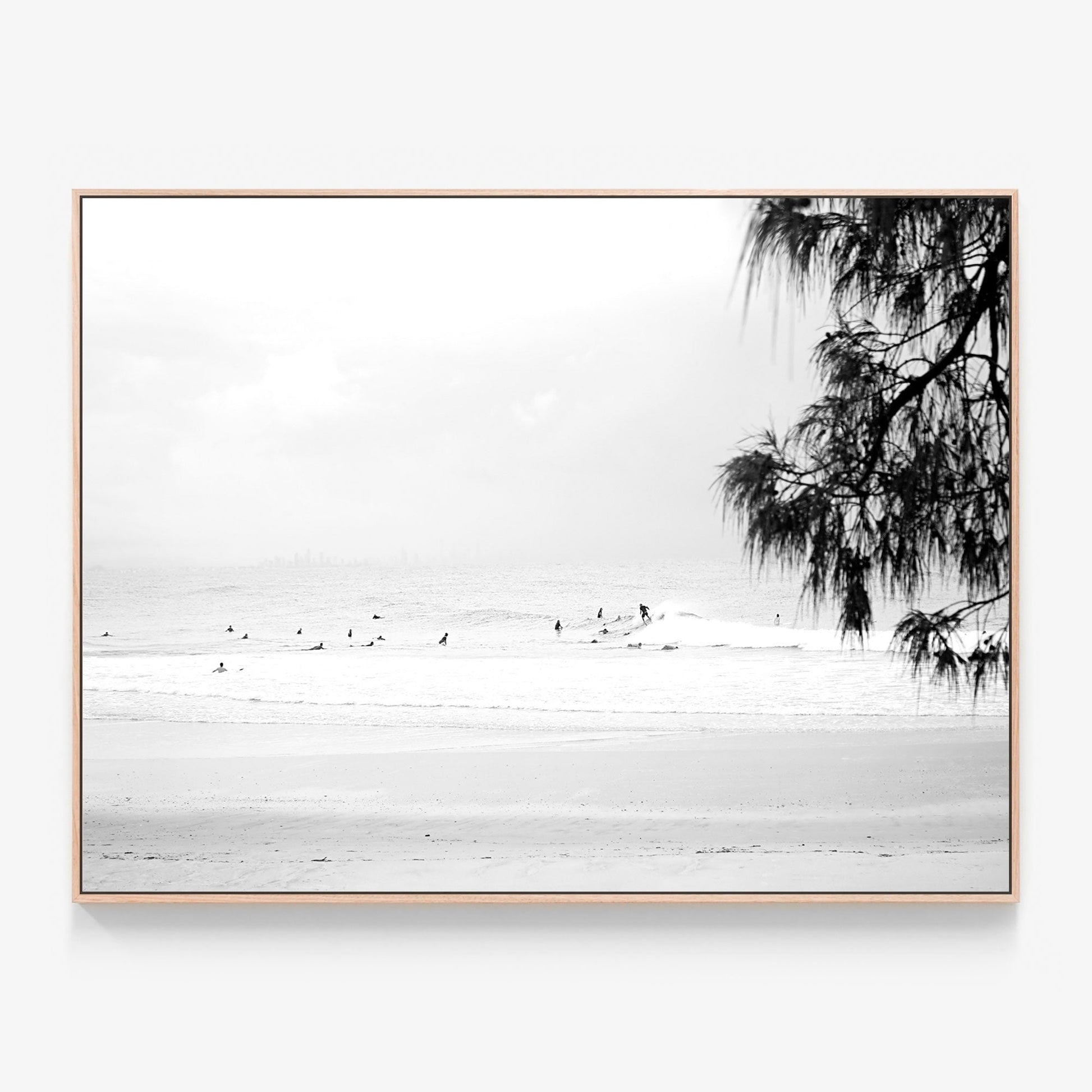 Snapper Rocks B&W Canvas wall art with oak float frame