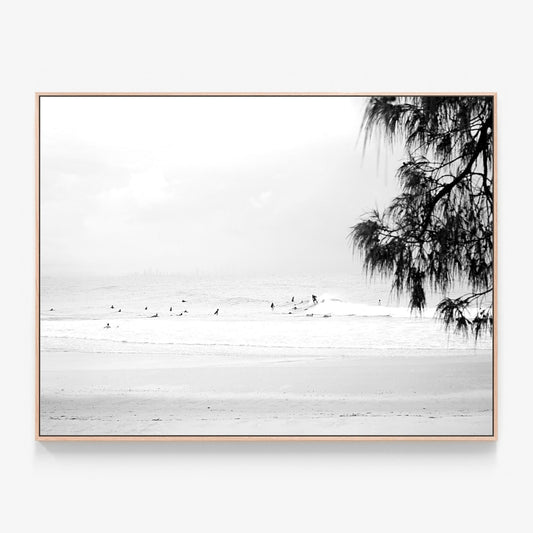 Snapper Rocks B&W Canvas wall art with oak float frame