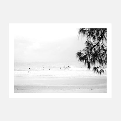 A photo wall art print featuring the beach at Snapper Rocks in black and white