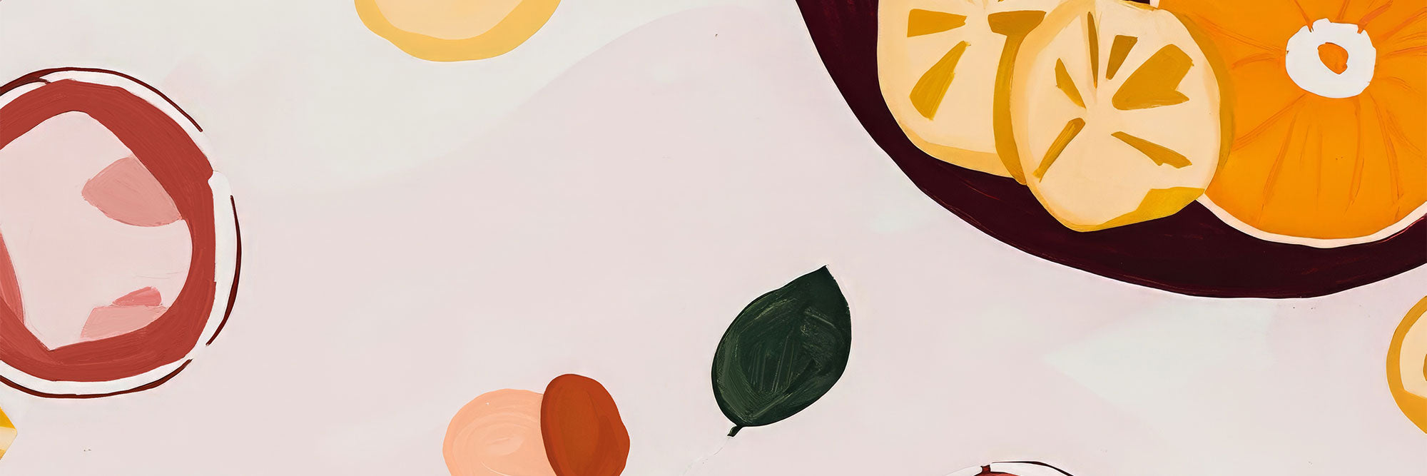 A still life wall art Illustration of sliced oranges and a leaf on a light background