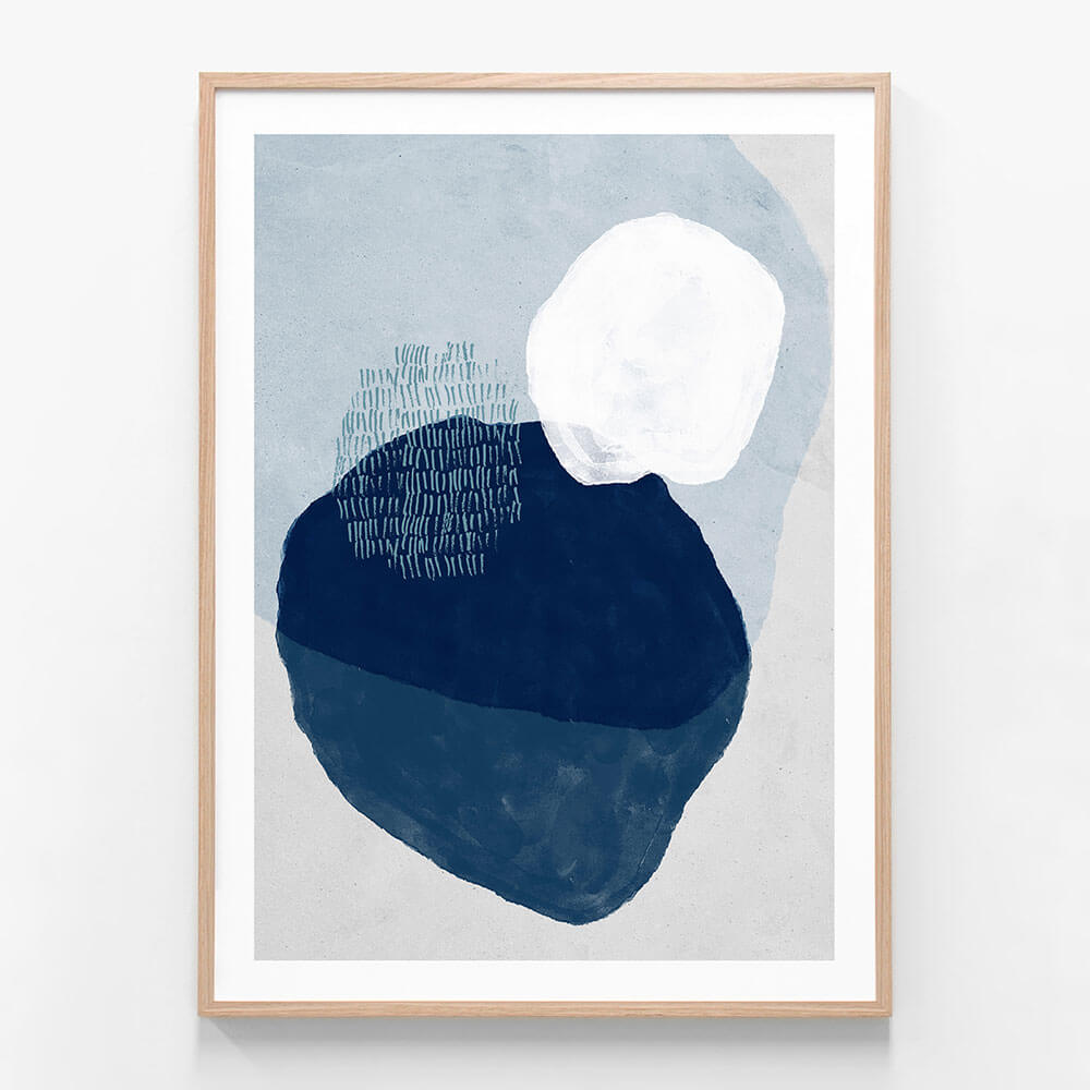A minimalist abstract framed art print with large expressive brush strokes, textures and lines in blue and white tones.