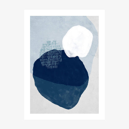 A minimalist abstract art print with large expressive brush strokes, textures and lines in blue and white tones.
