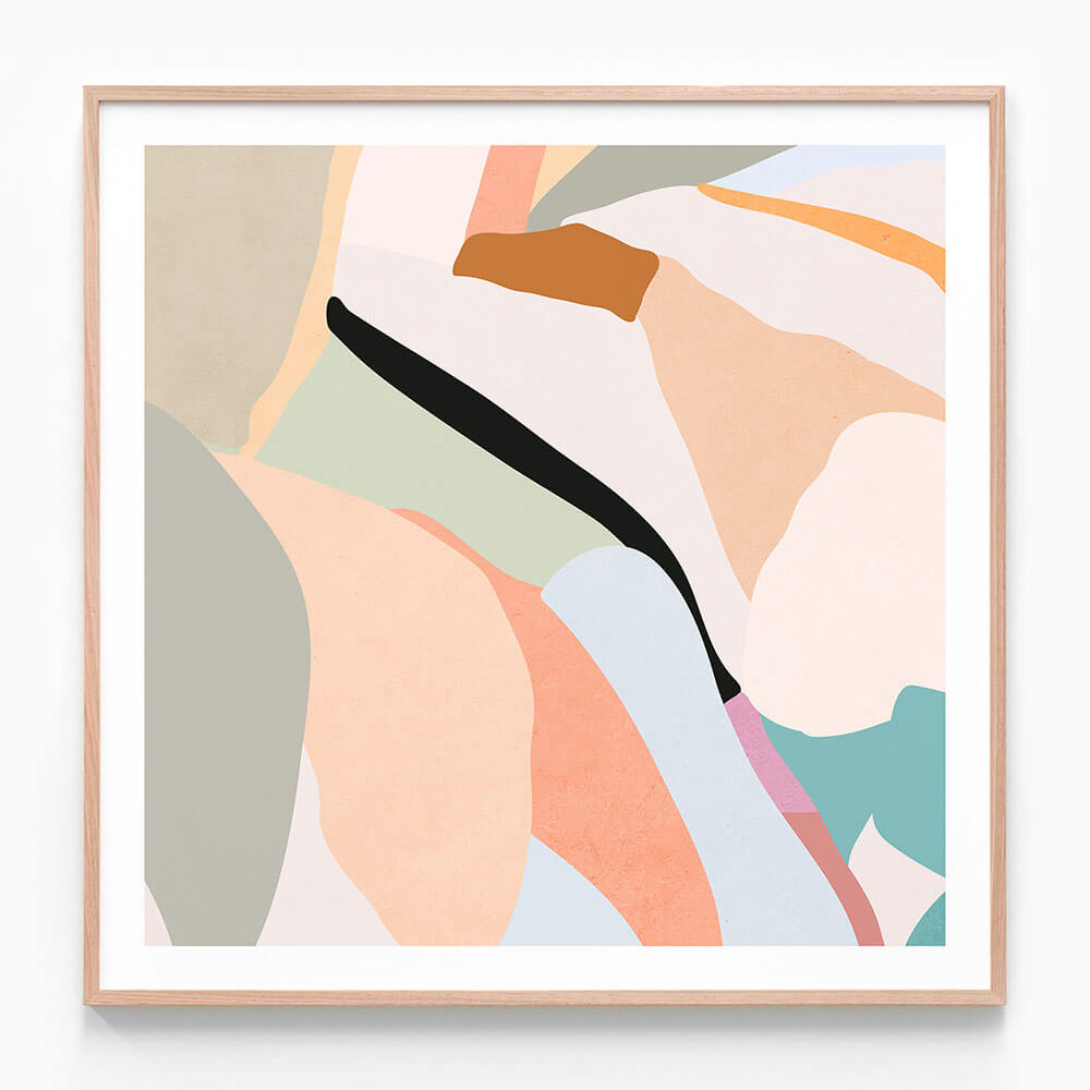 This image features a framed abstract art piece titled "Stuart." The artwork depicts a series of irregular shapes in a variety of colors, including soft shades of peach, black, blue, and grey, creating a serene and subtle aesthetic.