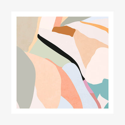 This image features an abstract art piece titled "Stuart." The artwork depicts a series of irregular shapes in a variety of colors, including soft shades of peach, black, blue, and grey, creating a serene and subtle aesthetic.