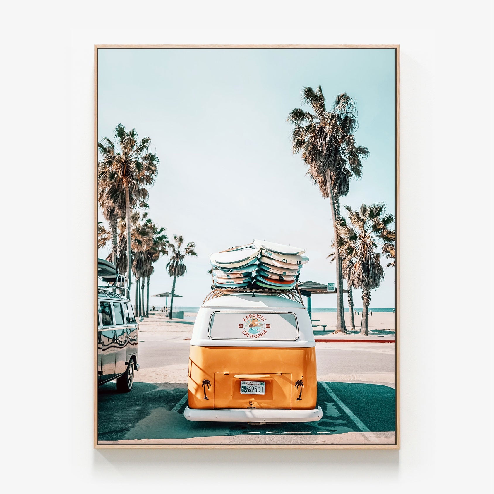 Combi Surf Van by the beach Canvas wall art with oak float frame