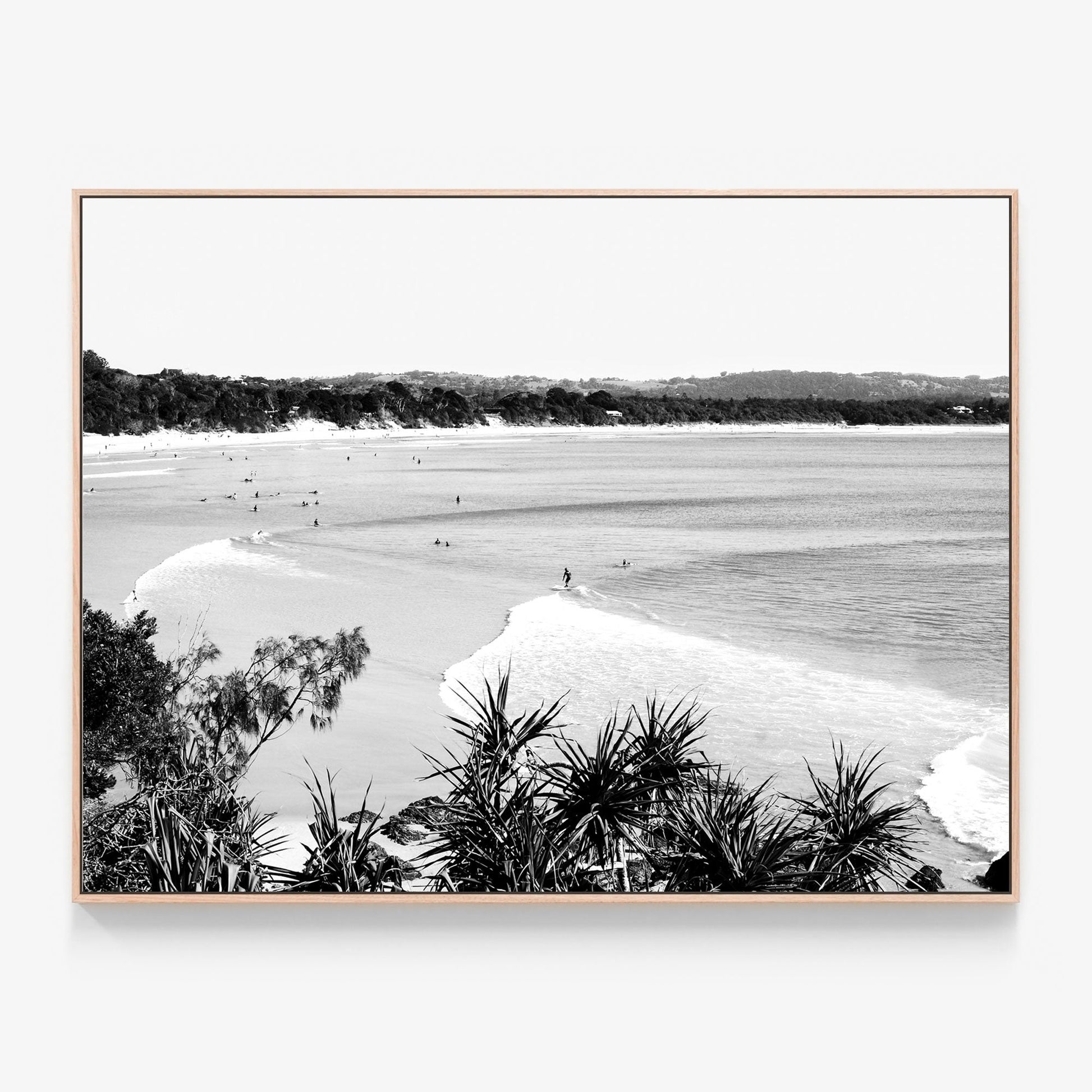 Surfing The Pass B&W Canvas print in oak frame