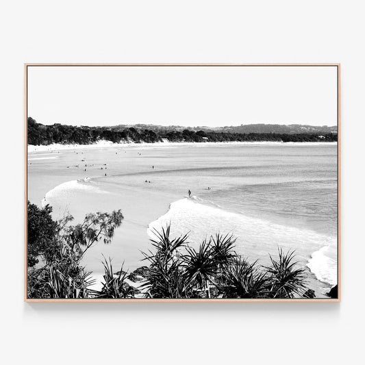 Surfing The Pass B&W Canvas print in oak frame