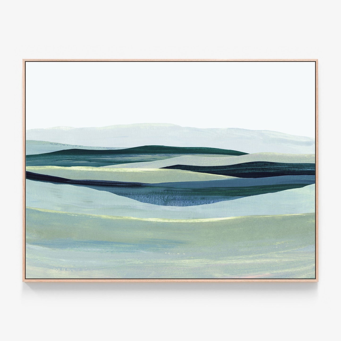 A framed canvas art print of an abstract landscape painting called 'Teal Meadow'. Tones of green, mint and aqua.