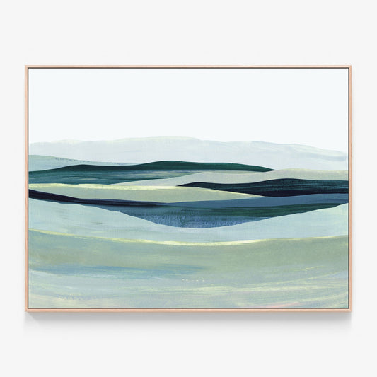 A framed canvas art print of an abstract landscape painting called 'Teal Meadow'. Tones of green, mint and aqua.