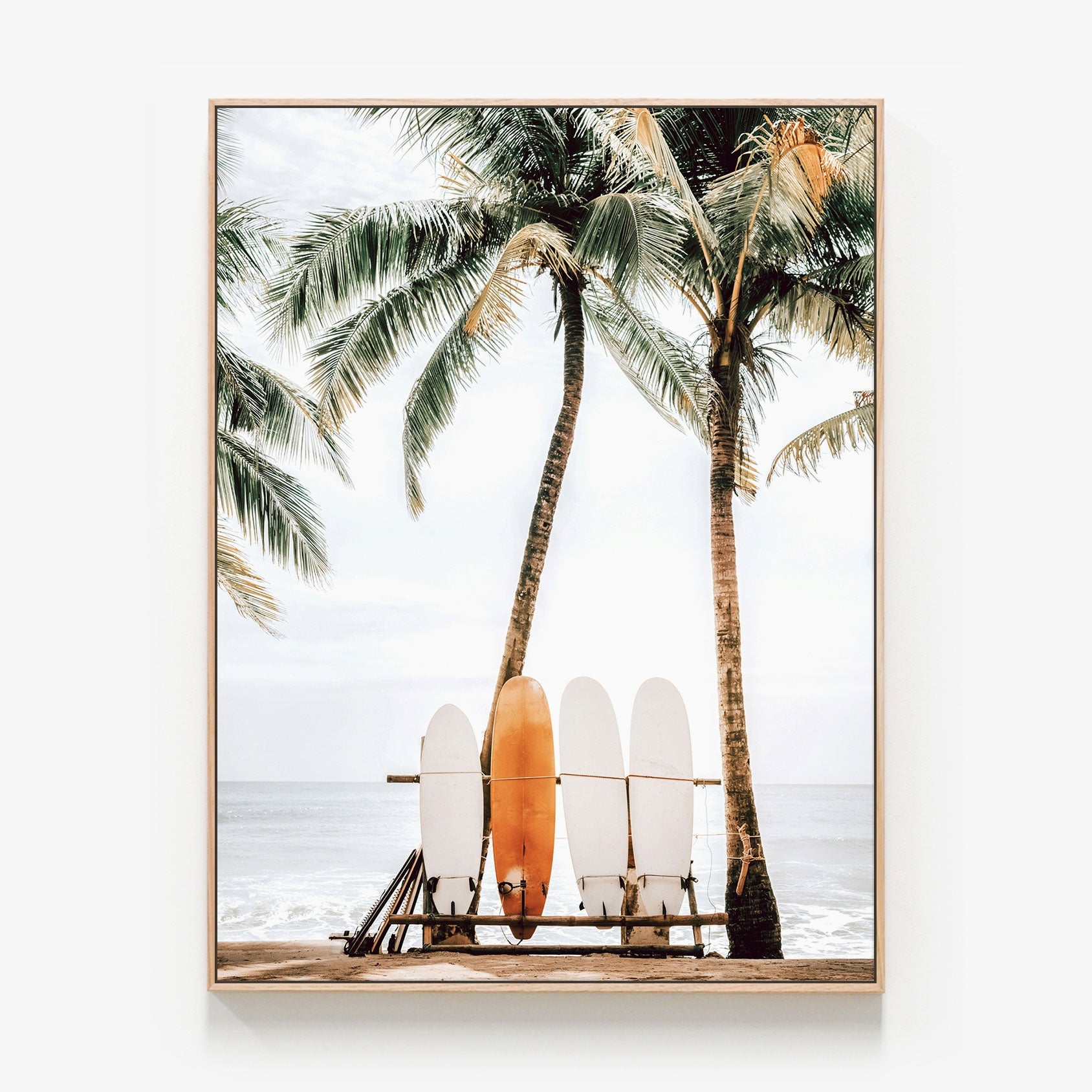 Tiki Beach surfboards and palm trees Canvas wall art print with oak float frame