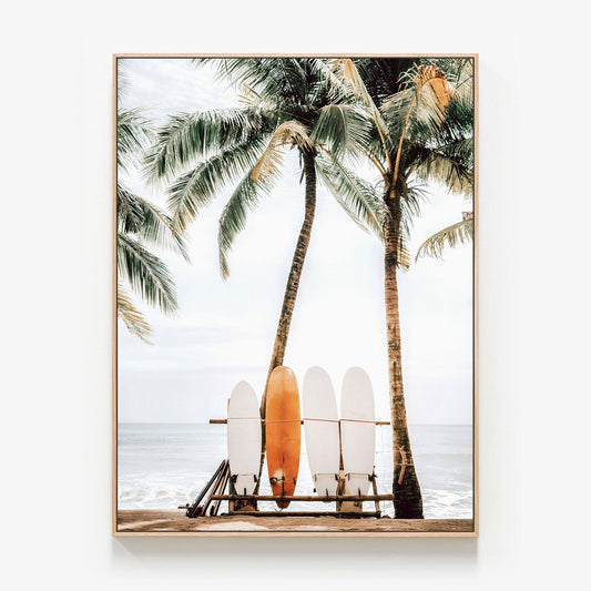 Tiki Beach surfboards and palm trees Canvas wall art print with oak float frame