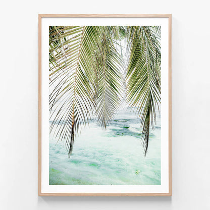 Turquoise Palm wall art print in oak frame