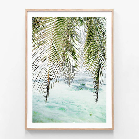 Turquoise Palm wall art print in oak frame