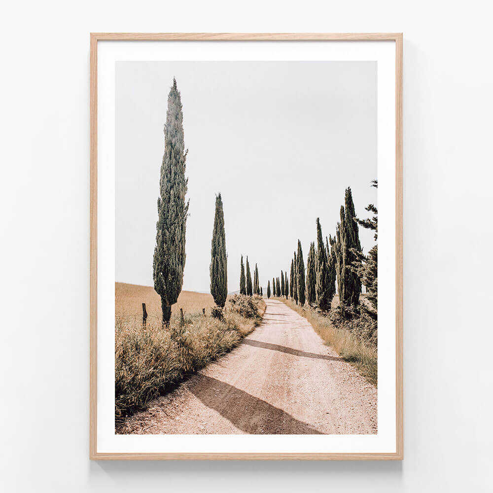 Tuscan Pines wall art print in oak frame