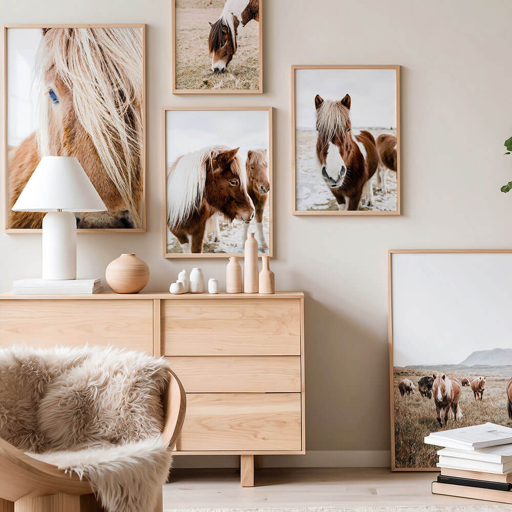 A gallery wall of horse photography wall art prints.