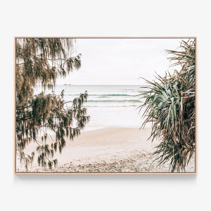 Wategos beach, coastal Canvas wall art print with oak float frame