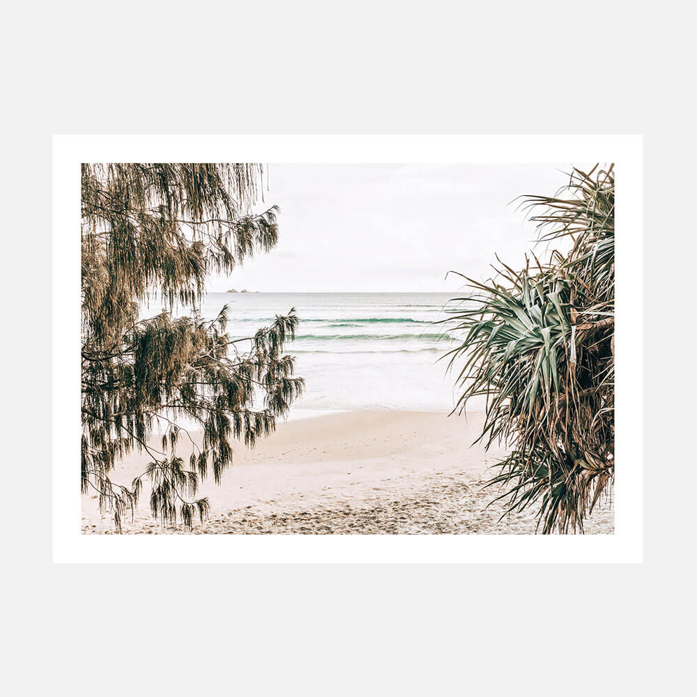 A photo of an Australian beach scene with trees in the foreground and the ocean in the background, with a white frame around it.