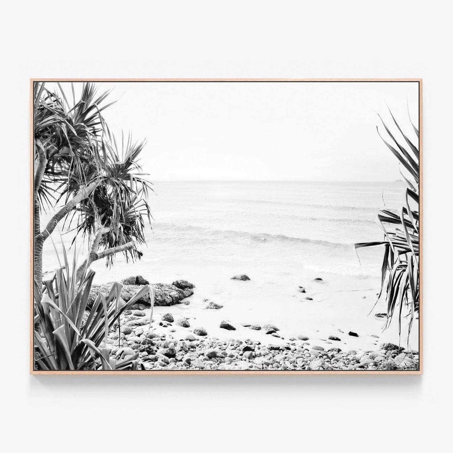 Wategos View B&W Canvas print in oak frame
