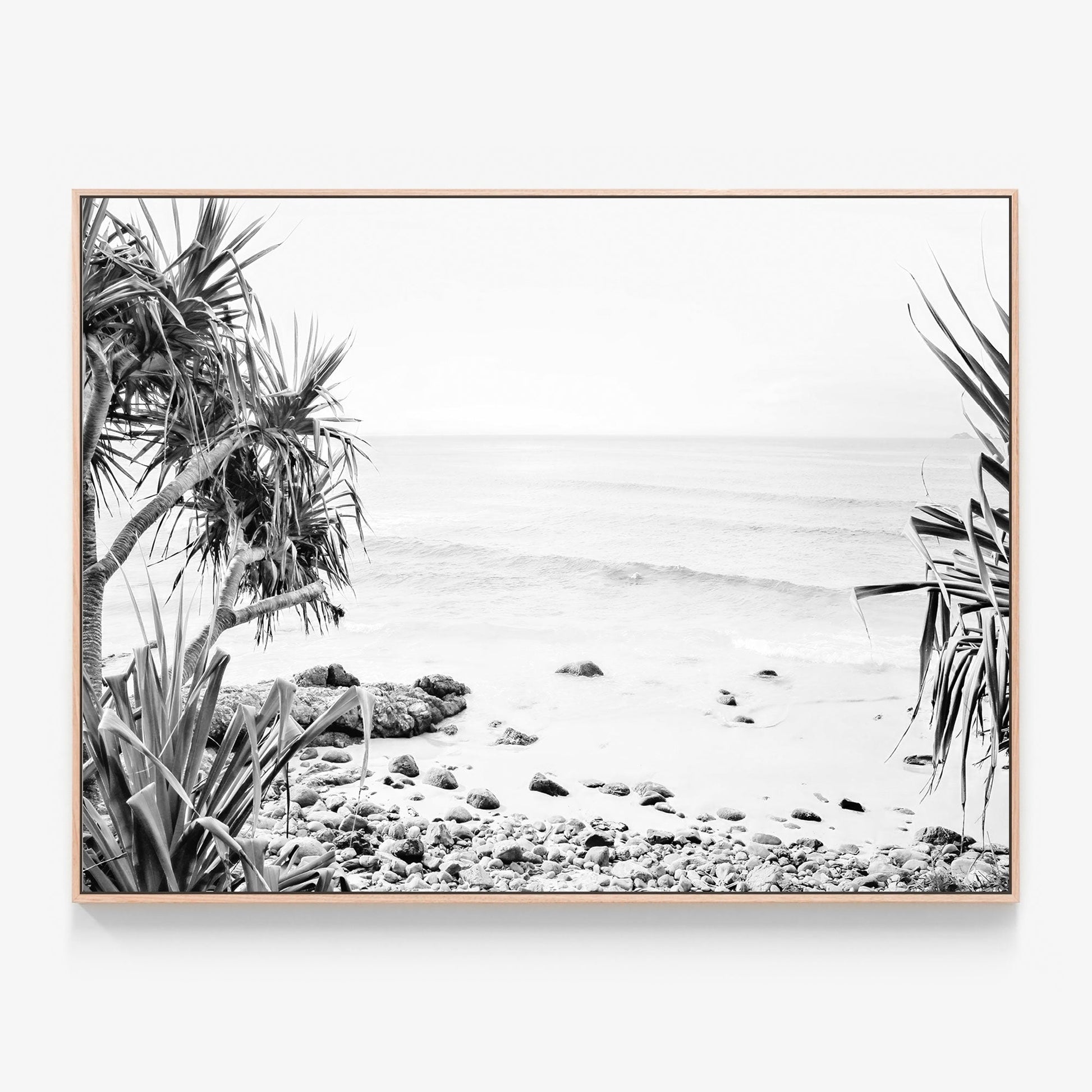 Wategos View B&W Canvas print in oak frame