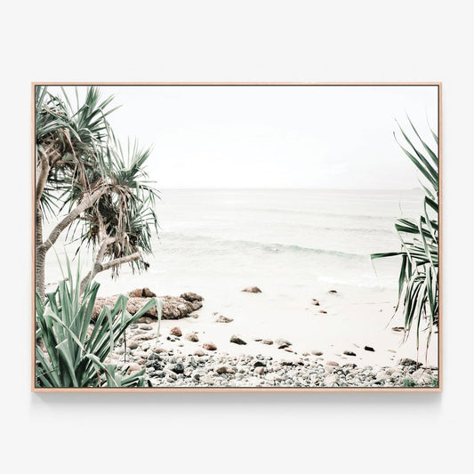 Wategos beach photo wall art canvas print in oak frame