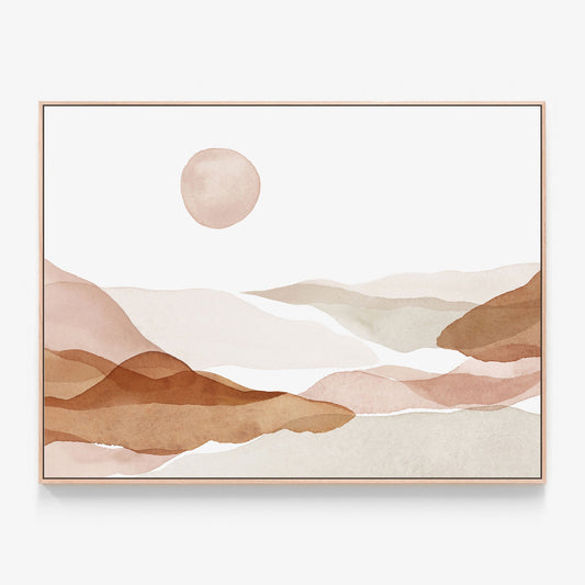 Watercolour Hills - An Abstract Art Framed Canvas print in neutral tones of beige with oak frame.