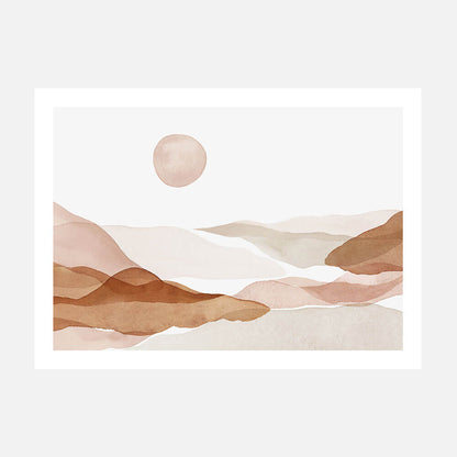 A watercolor art print of abstract hills in beige, brown, and white colors with a sun in the background.