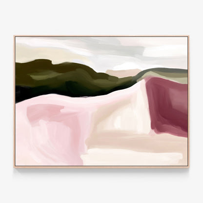 An framed canvas print of an abstract art painting called 'Whispering Hills'.