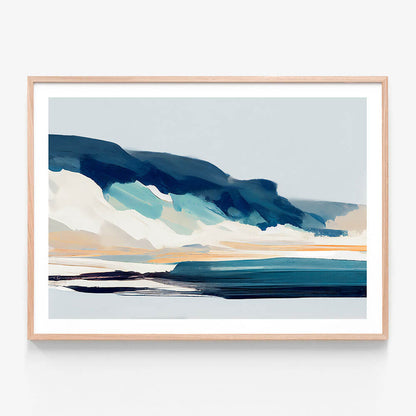 An abstract coastal landscape art print called 'Wild Waters'. Framed in oak.