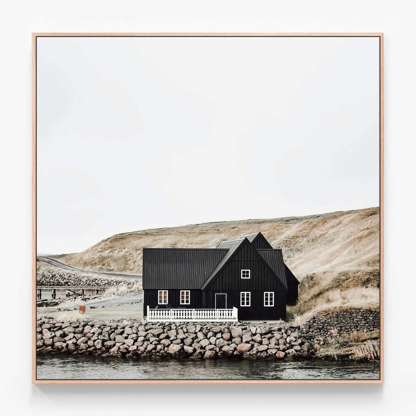 Wooden House Canvas wall art with oak float frame