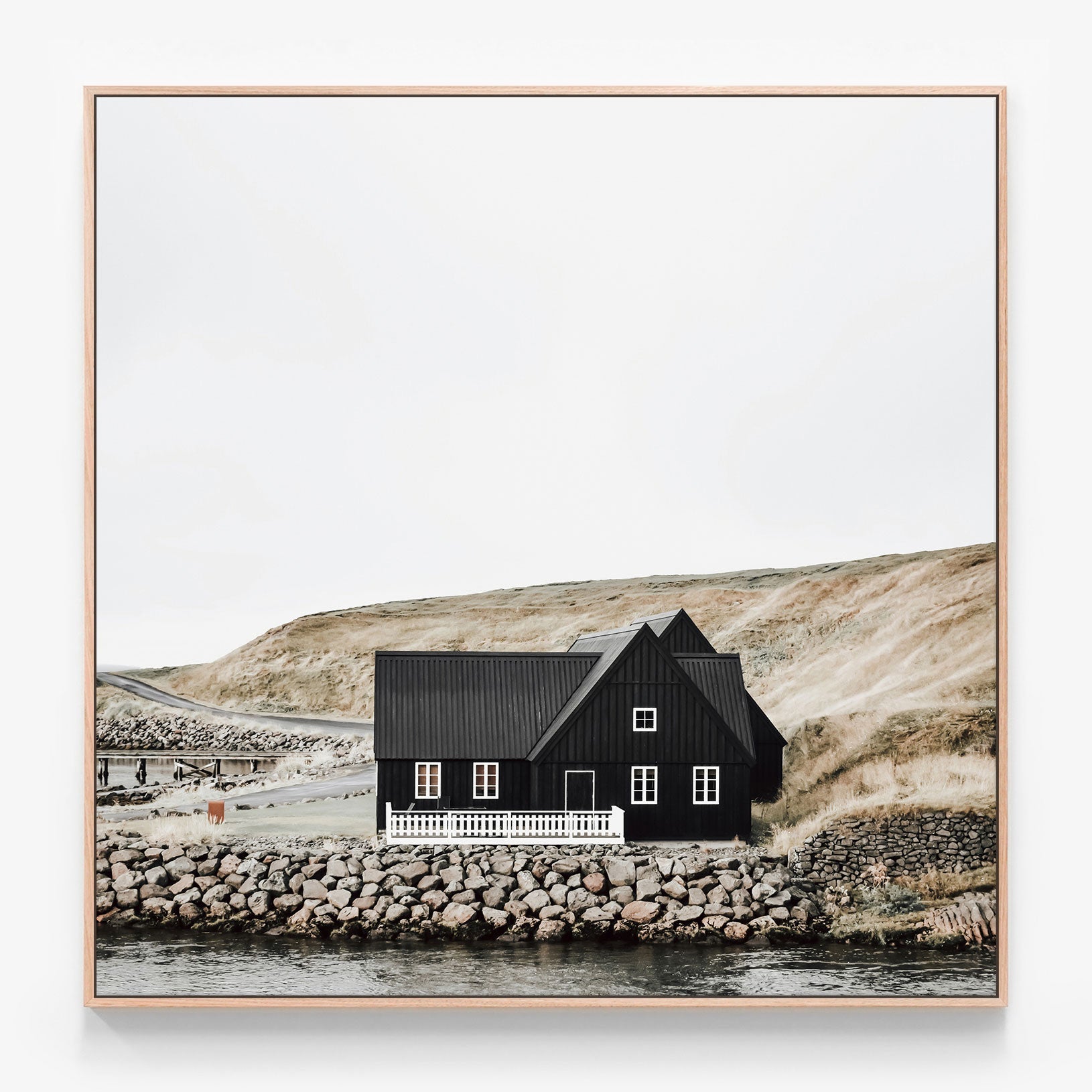 Wooden House Canvas wall art with oak float frame