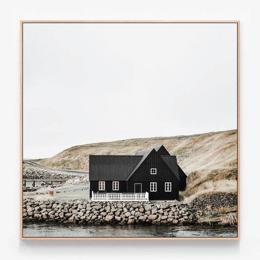 Wooden House Canvas wall art with oak float frame