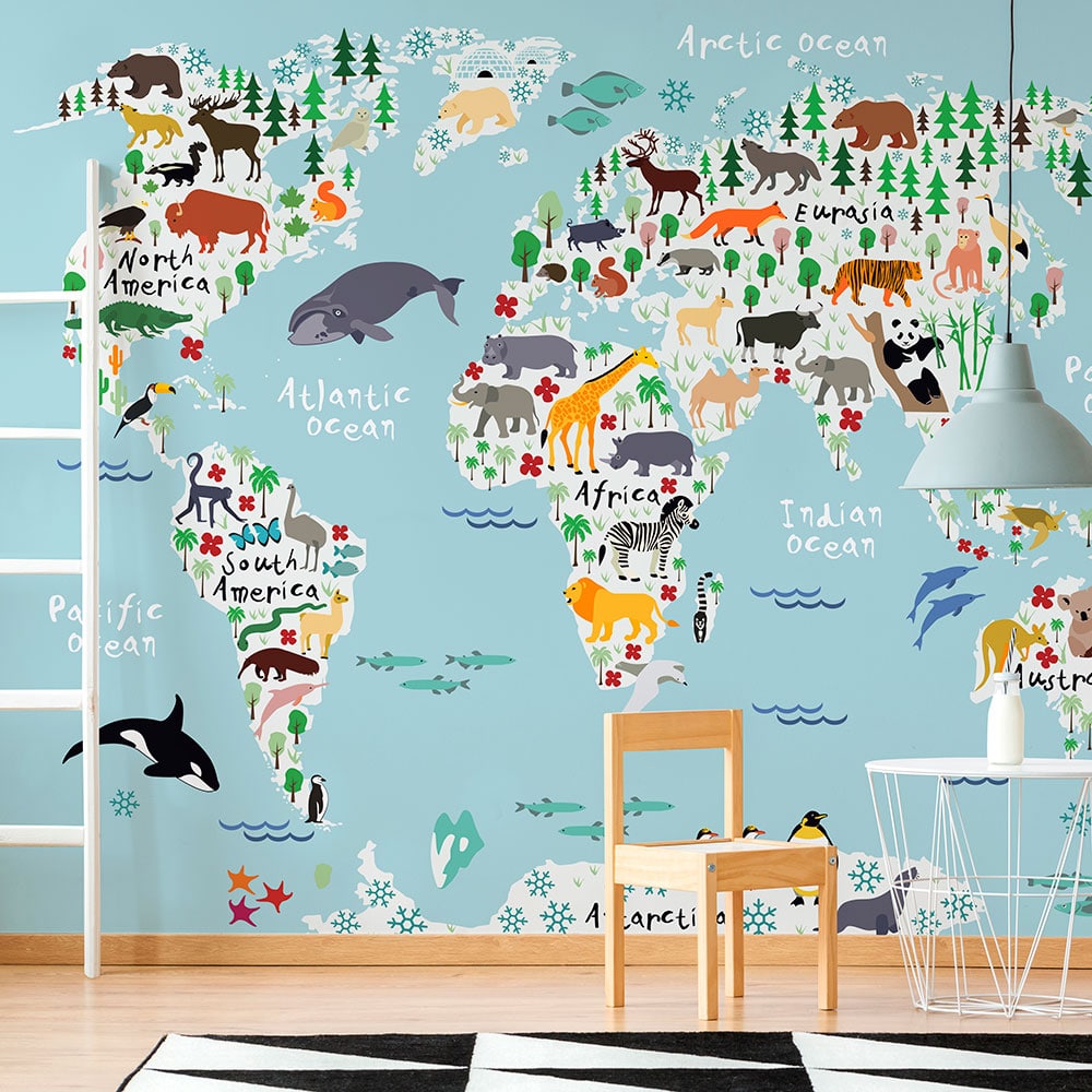 A custom world map wall mural.