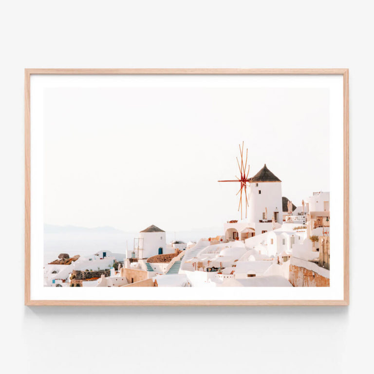 Santorini-Windmill-Oak-Framed-Print