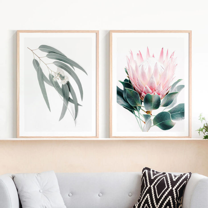 Light-Eucalyptus-Leaves-Protea-Print-Lifestyle-Framed-Prints